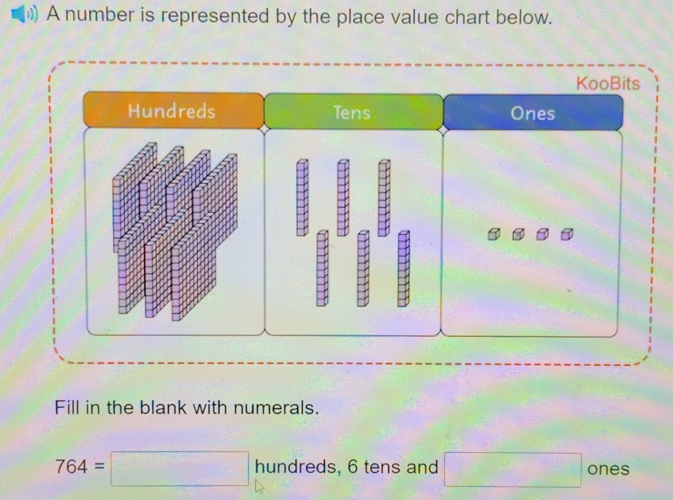 A number is represented by the place value chart below. 
KooBits 
Hundreds Tens Ones 
Fill in the blank with numerals.
764=□ hundreds, 6 tens and □ ones