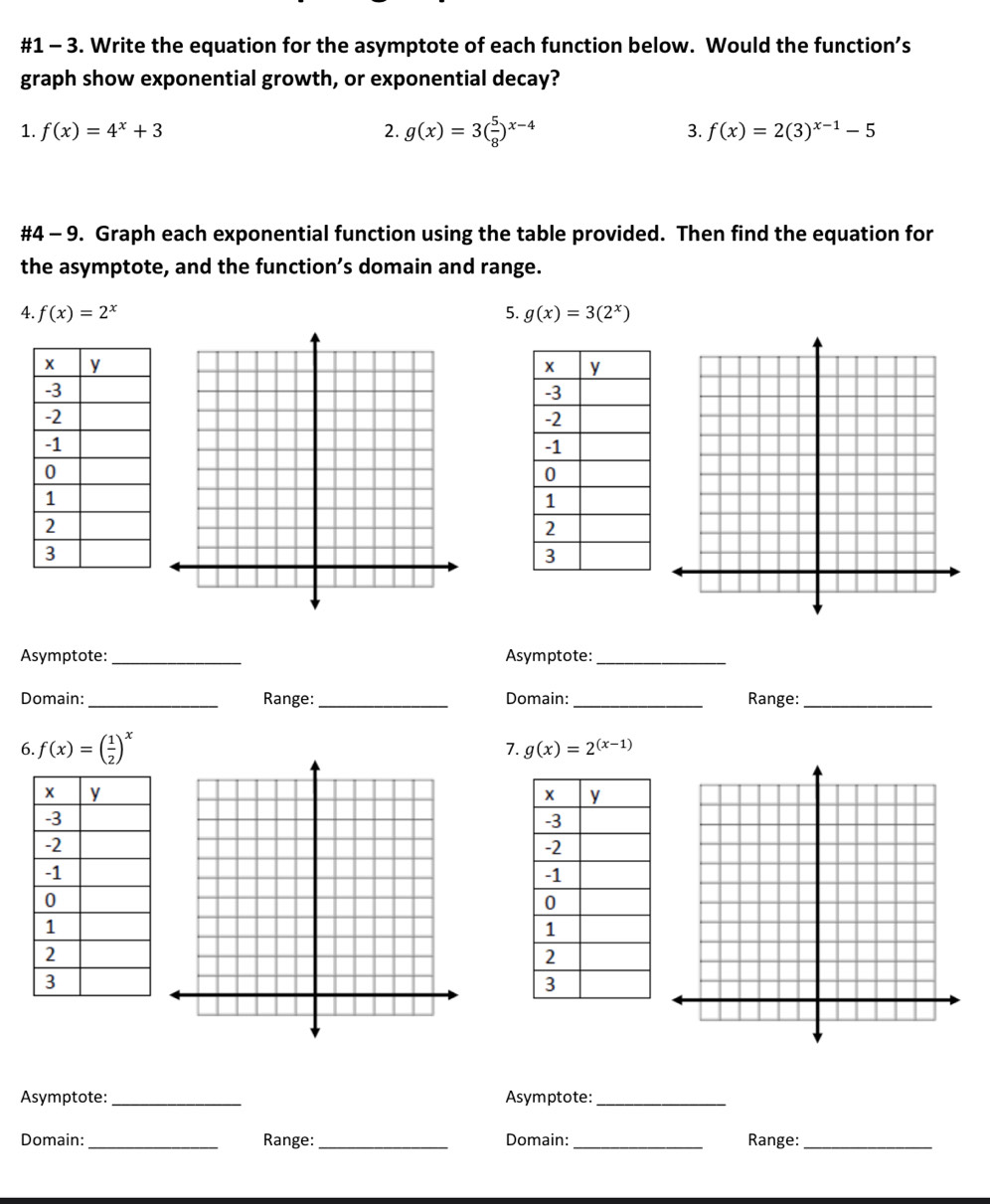 #1 - 3. Write the equation for the asymptote of each function below. Would the function’s 
graph show exponential growth, or exponential decay? 
1. f(x)=4^x+3 2. g(x)=3( 5/8 )^x-4 3. f(x)=2(3)^x-1-5
#4 - 9. Graph each exponential function using the table provided. Then find the equation for 
the asymptote, and the function’s domain and range. 
4. f(x)=2^x 5. g(x)=3(2^x)
Asymptote:_ Asymptote:_ 
Domain:_ Range:_ Domain:_ Range:_ 
6. f(x)=( 1/2 )^x 7. g(x)=2^((x-1))
Asymptote:_ Asymptote:_ 
Domain:_ Range: _Domain:_ Range:_