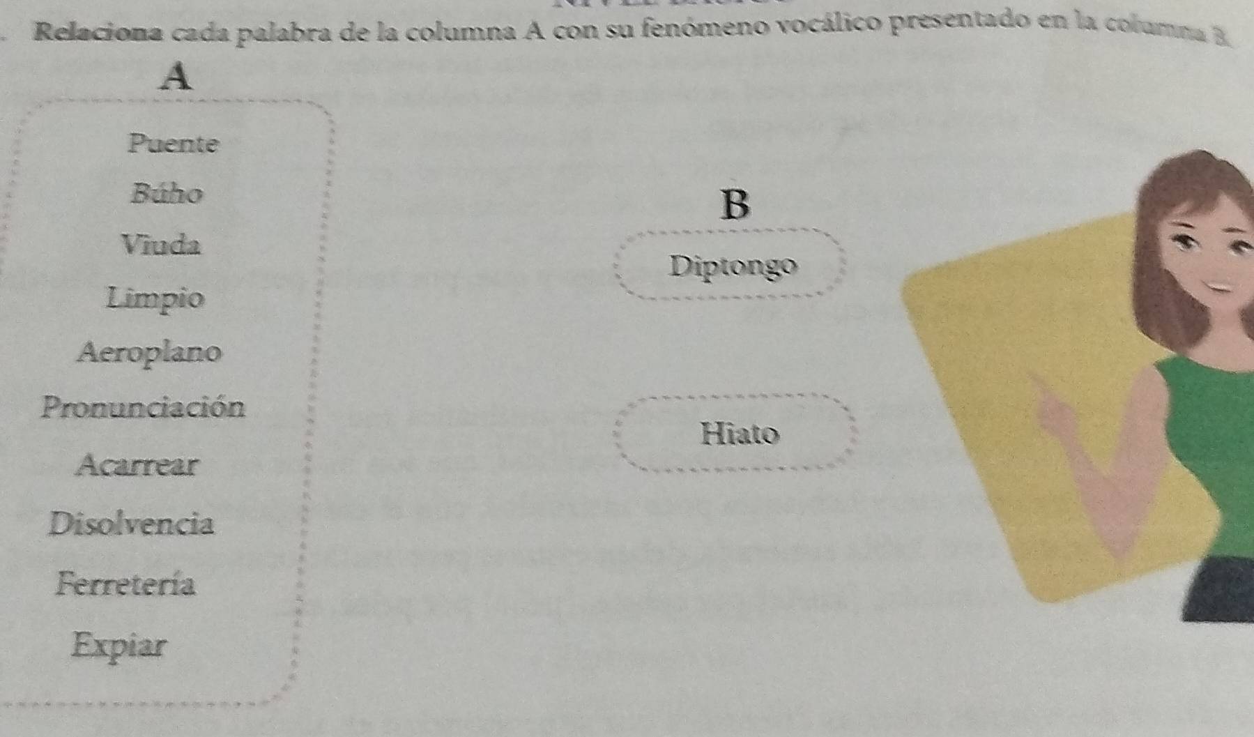 Relaciona cada palabra de la columna A con su fenómeno vocálico presentado en la columna B
A
Puente
Búho
B
Viuda
Diptongo
Limpio
Aeroplano
Pronunciación
Hiato
Acarrear
Disolvencia
Ferretería
Expiar