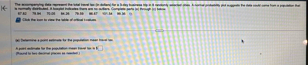 The accompanying data represent the total travel tax (in dollars) for a 3-day business trip in 8 randomly selected cities. A normal probability plot suggests the data could come from a population that 
is normally distributed. A boxplot indicates there are no outliers. Complete parts (a) through (c) below.
67.82 78.94 70.05 84.26 79.59 86.67 101.54 99.36
Click the icon to view the table of critical t-values 
(a) Determine a point estimate for the population mean travel tax. 
A point estimate for the population mean travel tax is $□. 
(Round to two decimal places as needed.)