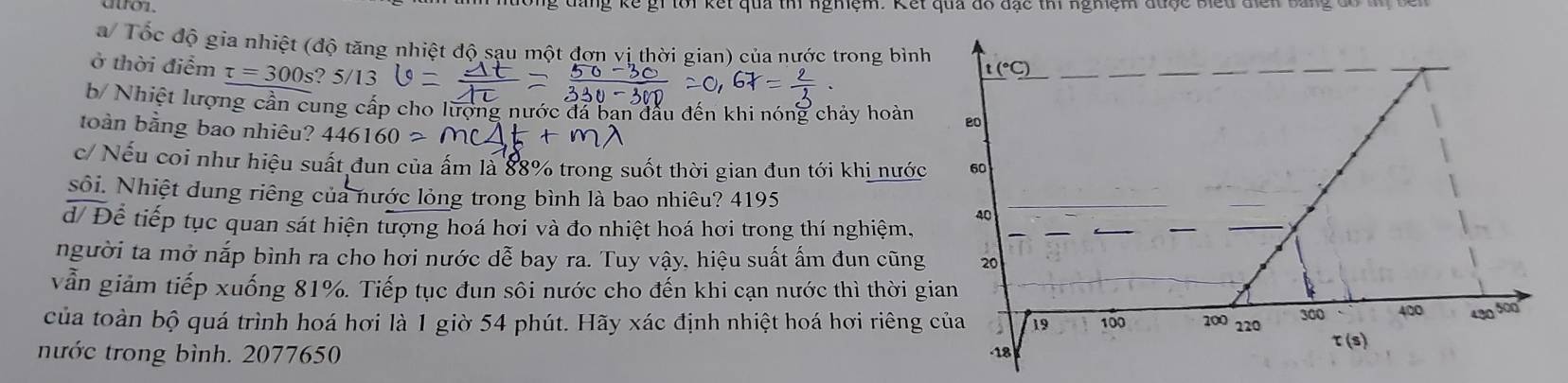 a/ Tốc độ gia nhiệt (độ tăng nhiệt độ sau một đơn vị thời gian) của nước trong bình
ở thời điểm tau =300s? 5/13
b/ Nhiệt lượng cần cung cấp cho lượng nước đã ban đầu đến khi nóng chảy hoàn
toàn bằng bao nhiêu? 446160approx
c/ Nếu coi như hiệu suất đun của ấm là 88% trong suốt thời gian đun tới khi nước
sôi. Nhiệt dung riêng của nước lỏng trong bình là bao nhiêu? 4195
d/ Để tiếp tục quan sát hiện tượng hoá hơi và đo nhiệt hoá hơi trong thí nghiệm,
người ta mở nắp bình ra cho hơi nước dễ bay ra. Tuy vậy, hiệu suất ấm đun cũng
vẫn giảm tiếp xuống 81%. Tiếp tục đun sôi nước cho đến khi cạn nước thì thời g
của toàn bộ quá trình hoá hơi là 1 giờ 54 phút. Hãy xác định nhiệt hoá hơi riêng 
nước trong bình. 2077650