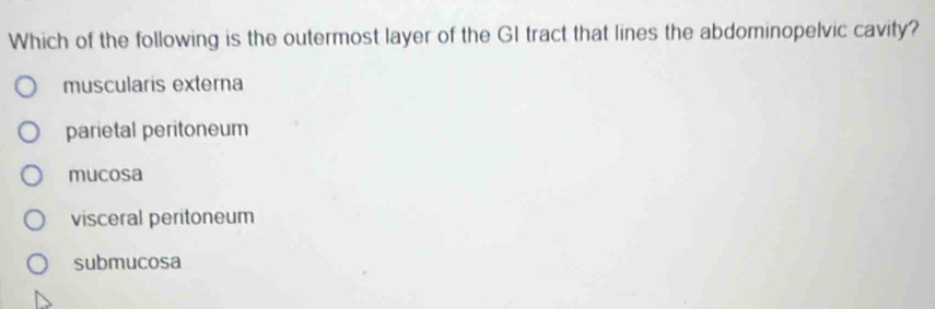 Which of the following is the outermost layer of the GI tract that lines the abdominopelvic cavity?
muscularis externa
parietal peritoneum
mucosa
visceral peritoneum
submucosa