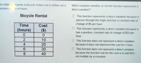 he table esents a bicycle rental cost in dollars as a Which explains whether or not the function represents a
unction o e in hours. direct variation?
Bicycle Rental This function represents a direct variation because it
passes through the origin and has a constant rate of
change of $5 per hour.
This function represents a direct variation because it
has a positive, constant rate of change of $10 per
hour.
This function does not represent a direct variation
because it does not represent the cost for 1 hour.
This function does not represent a direct variation
because the function rule for the cost is to add $10
not multiply by a constant.