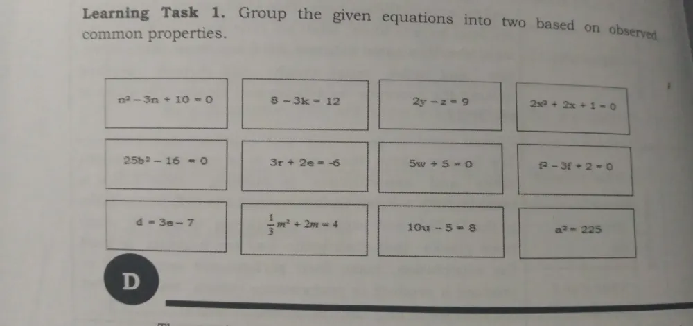 Solved: Learning Task 1. Group the given equations into two based on ...