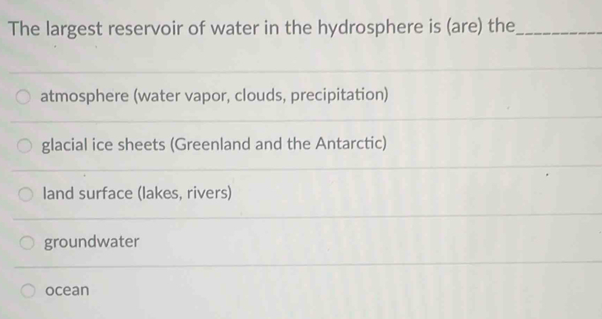 The largest reservoir of water in the hydrosphere is (are) the_
atmosphere (water vapor, clouds, precipitation)
glacial ice sheets (Greenland and the Antarctic)
land surface (lakes, rivers)
groundwater
ocean