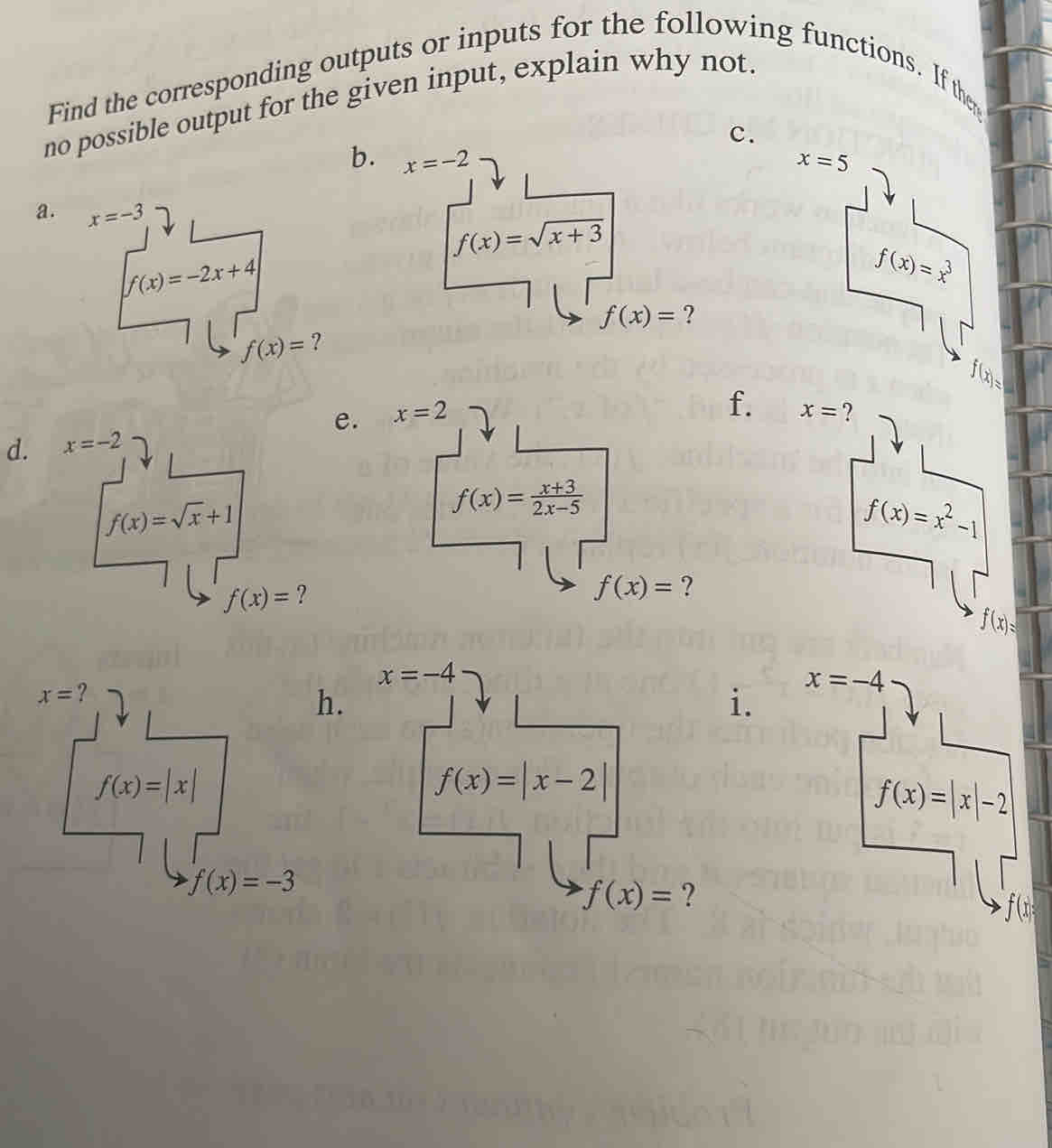 Find the corresponding outputs or inputs for the following functions. If there 
no possible output for the given input, explain why not. 
c. 
b. x=-2 x=5
a. x=-3
f(x)=sqrt(x+3)
f(x)=-2x+4
f(x)=x^3
f(x)= ?
f(x)= ?
f(x)
d. x=-2 e. x=2
f. x= ?
f(x)=sqrt(x)+1
f(x)= (x+3)/2x-5 
f(x)=x^2-1
f(x)= ?
f(x)= ?
f(x)=
x=-4
x= ?
x=-4
h. 
i.
f(x)=|x|
f(x)=|x-2|
f(x)=|x|-2
f(x)=-3
f(x)= ?
f(x) :