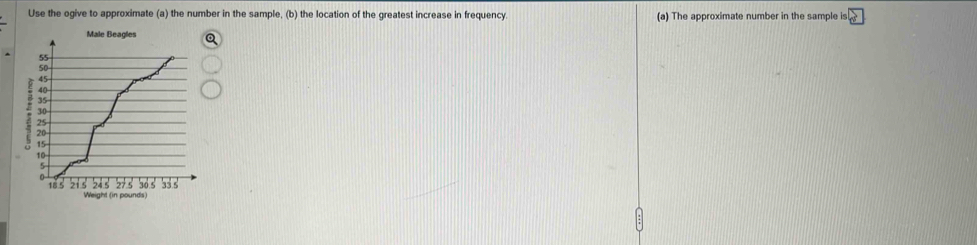 Use the ogive to approximate (a) the number in the sample, (b) the location of the greatest increase in frequency. (a) The approximate number in the sample is 
Male Beagles
5
45
40
35
30
15
10
33.5
18 5
Weight (in pounds)