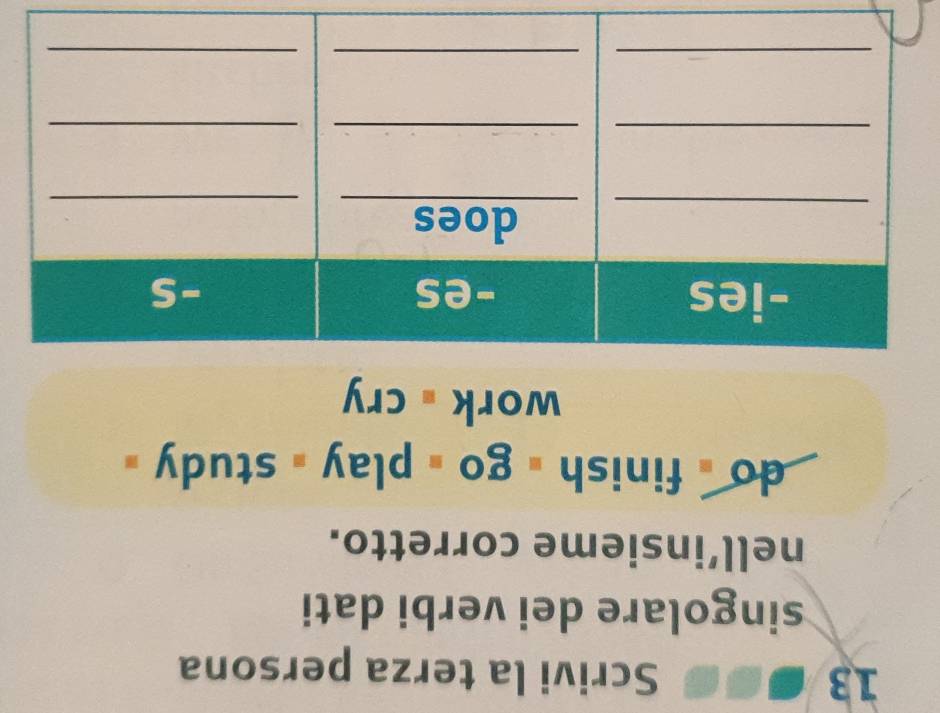 Scrivi la terza persona 
singolare dei verbi dati 
nell’insieme corretto. 
do - finish # go , play , study 
work ⊥ cry