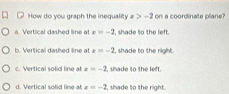 How do you graph the inequality x>-2 on a coordinate plane?
a. Vertical dashed line at x=-2 , shade to the left.
b. Vertical dashed line at x=-2 , shade to the right.
c. Vertical solid line at x=-2 , shade to the left.
d. Vertical solid line at x=-2 , shade to the right.