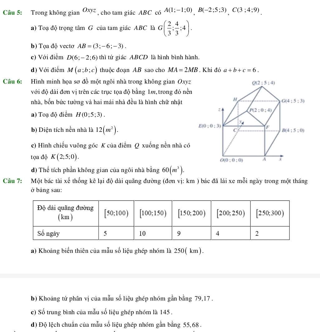 Trong không gian Oxyz , cho tam giác ABC có A(1;-1;0),B(-2;5;3),C(3;4;9).
a) Toạ độ trọng tâm G của tam giác ABC là G( 2/3 ; 4/3 ;4).
b) Tọa độ vectơ AB=(3;-6;-3).
c) Với điểm D(6;-2;6) thì tứ giác ABCD là hình bình hành.
d) Với điểm M(a;b;c) thuộc đoạn AB sao cho MA=2MB. Khi đó a+b+c=6.
Câu 6: Hình minh họa sơ đồ một ngôi nhà trong không gian Oxyz
với độ dài đơn vị trên các trục tọa độ bằng 1m, trong đó nền
nhà, bốn bức tường và hai mái nhà đều là hình chữ nhật
a) Toạ độ điểm H(0;5;3).
b) Diện tích nền nhà là 12(m^2).
c) Hình chiếu vuông góc K của điểm Q xuống nền nhà có
tọa độ K(2;5;0).
d) Thể tích phần không gian của ngôi nhà bằng 60(m^3).
Câu 7: Một bác tài xế thống kê lại độ dài quãng đường (đơn vị: km ) bác đã lái xe mỗi ngày trong một tháng
ở bảng sau:
a) Khoảng biến thiên của mẫu số liệu ghép nhóm là 250( km).
b) Khoảng tứ phân vị của mẫu số liệu ghép nhóm gần bằng 79,17 .
c) Số trung bình của mẫu số liệu ghép nhóm là 145 .
d) Độ lệch chuẩn của mẫu số liệu ghép nhóm gần bằng 55, 68 .