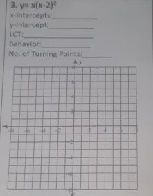 y=x(x-2)^2
x-intercepts:_ 
y-intercept:_ 
LCT: 
_ 
Behavior:_ 
No. of Turning Points:_
-8