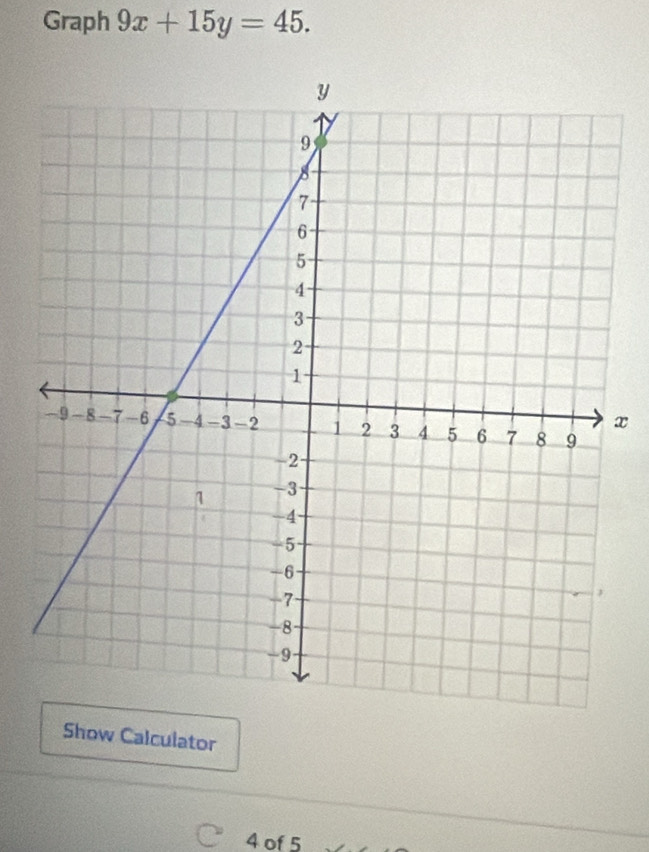 Graph 9x+15y=45.
x
Show Calculator
4 of 5