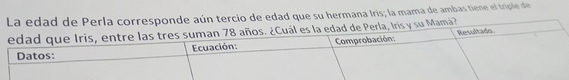 edad que su hermana Iris; la mama de ambas tiene el triple de