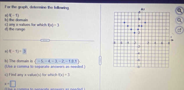 For the graph, determine the following. 
a) f(-1)
b) the domain 
c) any x -values for which f(x)=3
d) the range 
a) f(-1)=3
b) The domain is  -5,-4,-3,-2,-1,0,1 : 
(Use a comma to separate answers as needed.) 
c) Find any x -value(s) for which f(x)=3.
x=□
lse a comma to senarate answers as needed )