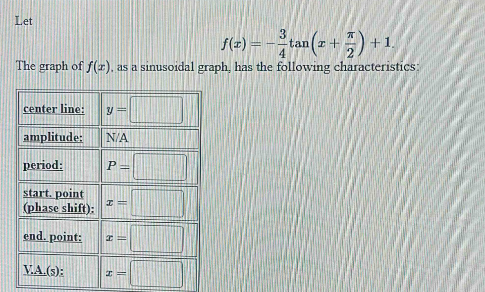 Let
f(x)=- 3/4 tan (x+ π /2 )+1.
The graph of f(x) , as a sinusoidal graph, has the following characteristics: