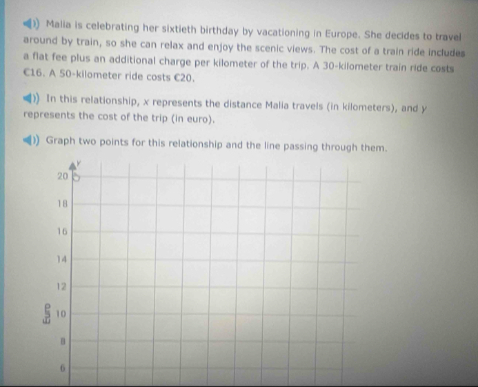 Malia is celebrating her sixtieth birthday by vacationing in Europe. She decides to travel 
around by train, so she can relax and enjoy the scenic views. The cost of a train ride includes 
a flat fee plus an additional charge per kilometer of the trip. A 30-kilometer train ride costs
C16. A 50-kilometer ride costs C20. 
In this relationship, x represents the distance Malia travels (in kilometers), and y
represents the cost of the trip (in euro). 
Graph two points for this relationship and the line passing through them.