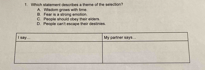 Which statement describes a theme of the selection?
A. Wisdom grows with time.
B. Fear is a strong emotion.
C. People should obey their elders.
D. People can't escape their destinies.