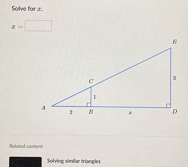 Solve for x.
x=□
Related content
(-3,4) Solving similar triangles