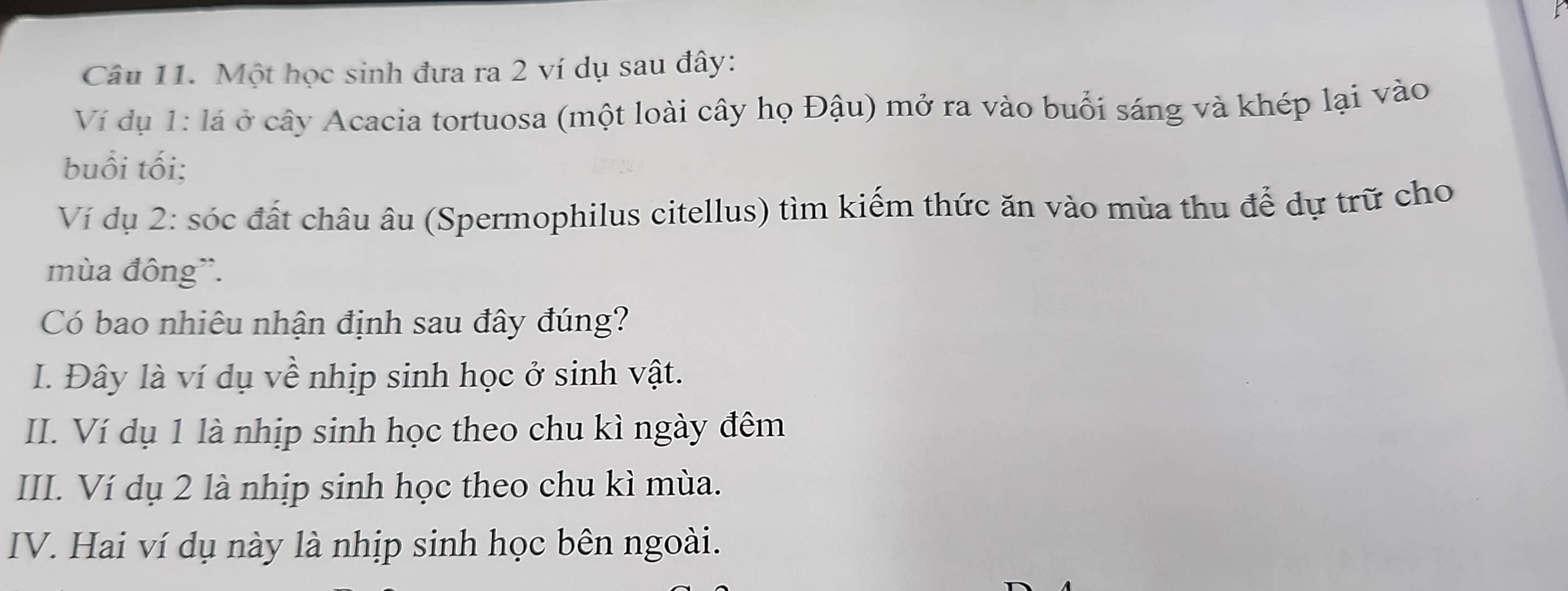 Một học sinh đưa ra 2 ví dụ sau đây:
Ví dụ 1 : lá ở cây Acacia tortuosa (một loài cây họ Đậu) mở ra vào buổi sáng và khép lại vào
buổi tối;
Ví dụ 2 : sóc đất châu âu (Spermophilus citellus) tìm kiếm thức ăn vào mùa thu để dự trữ cho
mùa đông”.
Có bao nhiêu nhận định sau đây đúng?
I. Đây là ví dụ về nhịp sinh học ở sinh vật.
II. Ví dụ 1 là nhịp sinh học theo chu kì ngày đêm
III. Ví dụ 2 là nhịp sinh học theo chu kì mùa.
IV. Hai ví dụ này là nhịp sinh học bên ngoài.