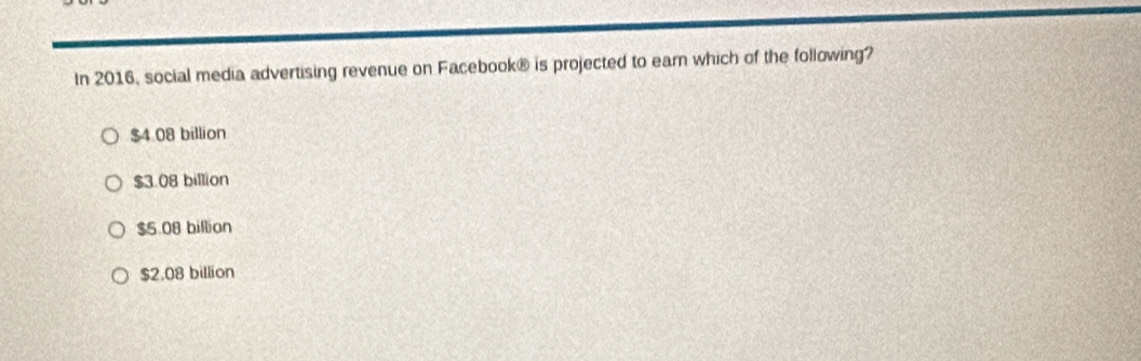 In 2016, social media advertising revenue on Facebook® is projected to earn which of the following?
$4.08 billion
$3.08 billion
$5.08 billion
$2.08 billion