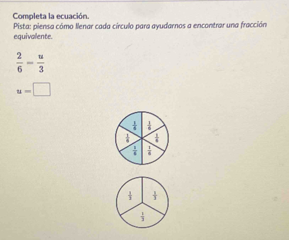 Completa la ecuación.
Pista: piensa cómo llenar cada círculo para ayudarnos a encontrar una fracción
equivalente.
 2/6 = u/3 
u=□
 1/6   1/6 
 1/6   1/6 
 1/6   1/6 