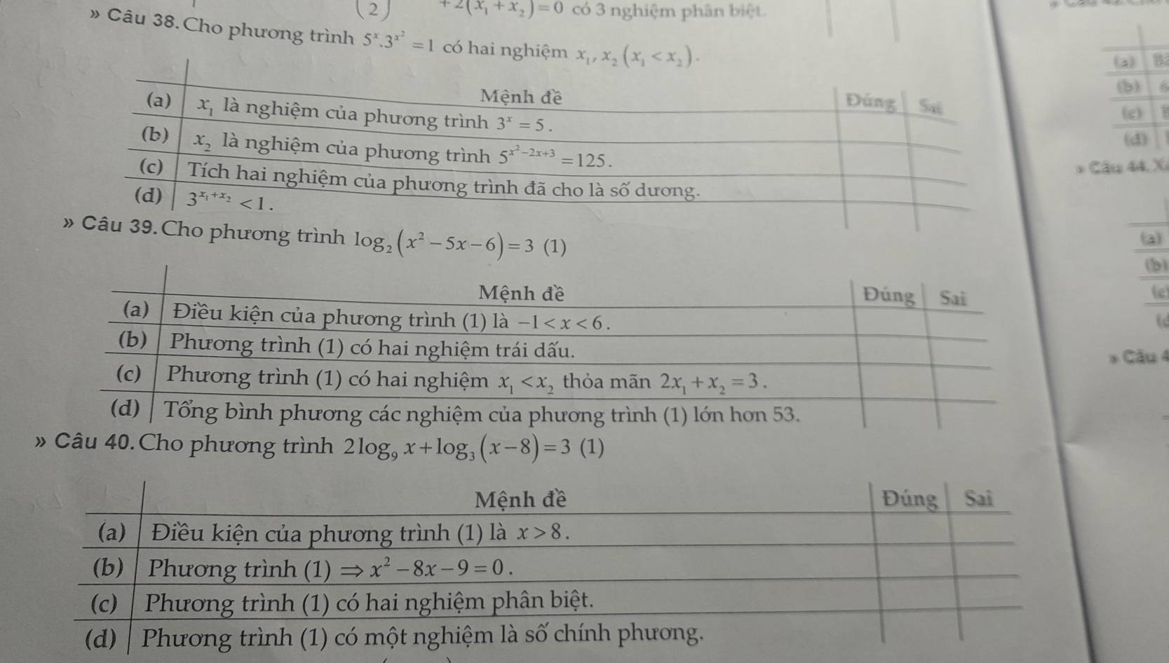 (2) +2(x_1+x_2)=0 có 3 nghiệm phân biệt
» Câu 38.Cho phương trình 5^x.3^(x^2)=1 có hai nghiệm x_1,x_2(x_1
(3) B
(b)  6
(c) B
(d)
* Câu 44. X
hương trình log _2(x^2-5x-6)=3 (1)
a
(b)
(c
(d
* Câu 4
u 40. Cho phương trình 2log _9x+log _3(x-8)=3 (1)