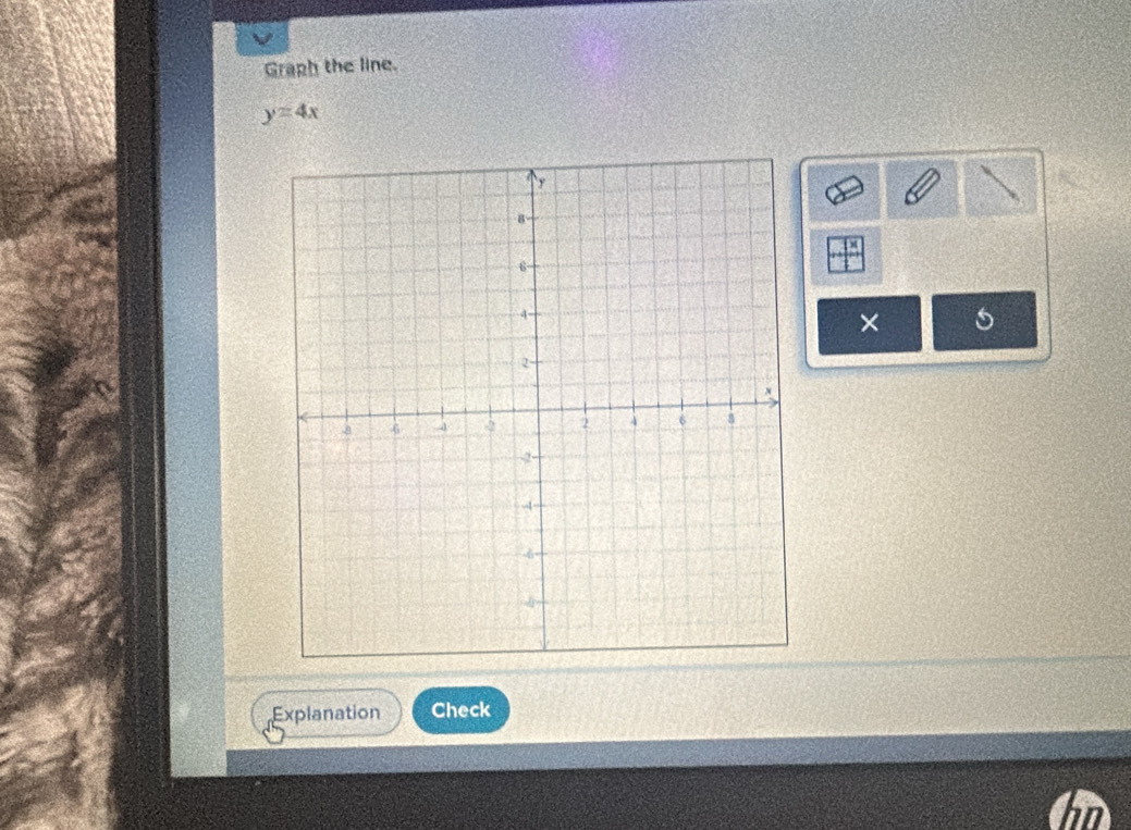 Graph the line.
y=4x
× 5
Explanation Check