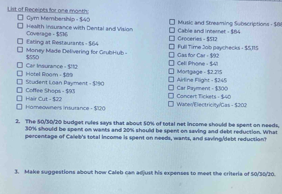 List of Receipts for one month: 
Gym Membership - $40 Music and Streaming Subscriptions - $88
Health Insurance with Dental and Vision Cable and Internet - $84
Coverage - $516 Groceries - $512
Eating at Restaurants - $64 Full Time Job paychecks - $5,115
Money Made Delivering for GrubHub - Gas for Car - $92
$550 Cell Phone - $41
Car Insurance - $112 Mortgage - $2.215
Hotel Room - $89 Airline Flight - $245
Student Loan Payment - $190
Coffee Shops - $93 Car Payment - $300
Hair Cut - $22 Concert Tickets - $40
Homeowners Insurance - $120 Water/Electricity/Gas - $202
2. The 50/30/20 budget rules says that about 50% of total net income should be spent on needs,
30% should be spent on wants and 20% should be spent on saving and debt reduction. What 
percentage of Caleb's total income is spent on needs, wants, and saving/debt reduction? 
3. Make suggestions about how Caleb can adjust his expenses to meet the criteria of 50/30/20.