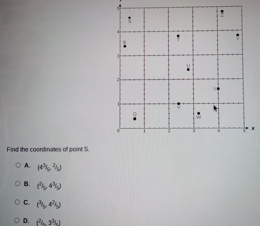 Find the coordinates of point S.
A. (4^3/_5,^2/_5)
B. (^2/_5,4^3/_5)
C. (^3/_5,4^2/_5)
D. (2_,3^3/_5)