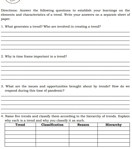 Directions: Answer the following questions to establish your learnings on the 
elements and characteristics of a trend. Write your answers on a separate sheet of 
paper. 
1. What generates a trend? Who are involved in creating a trend? 
_ 
_ 
_ 
_ 
_ 
2. Why is time frame important in a trend? 
_ 
_ 
_ 
_ 
_ 
3. What are the issues and opportunities brought about by trends? How do we 
respond during this time of pandemic? 
_ 
_ 
_ 
_ 
_ 
4. Name five trends and classify them according to the hierarchy of trends. Explain 
why each is a trend and why you classify it as such.