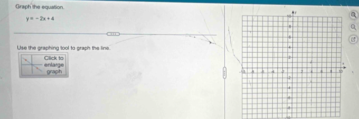 Graph the equation.
y=-2x+4
Use the graphing tool to graph the line. 
Click to 
enlarge 
graph