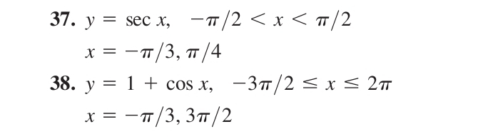 y=sec x, -π /2
x=-π /3, π /4
38. y=1+cos x, -3π /2≤ x≤ 2π
x=-π /3, 3π /2