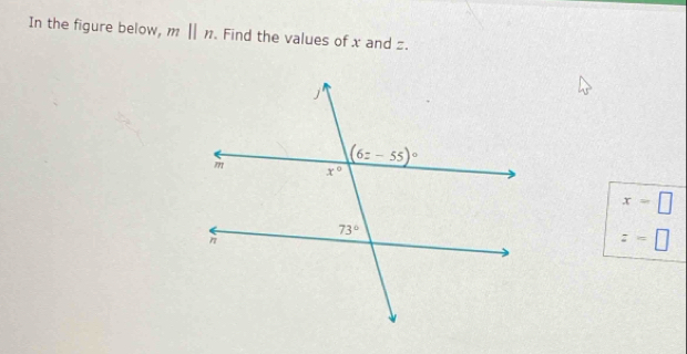 In the figure below, mbeginvmatrix endvmatrix n. Find the values of x and z.
x=□
z=□