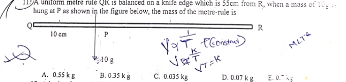 Solved: 1A uniform metre rule QR is balanced on a knife edge which is ...