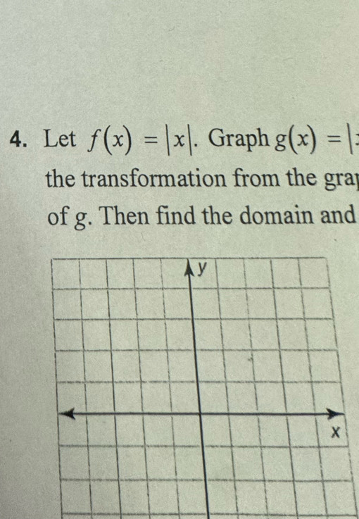 Let f(x)=|x|. Graph g(x)=|
the transformation from the grap
of g. Then find the domain and