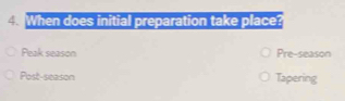 When does initial preparation take place?
Peak season Pre-season
Post-season Tapering