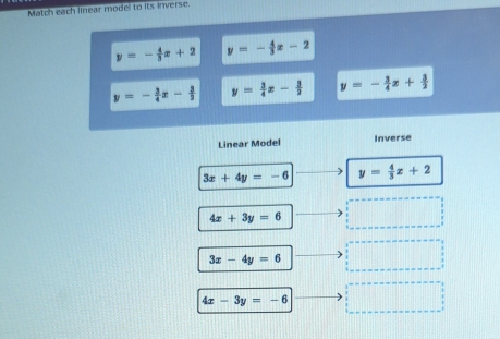 Match each linear model to its inverse.
y=- 4/3 x+2 y=- 4/3 x-2
y=- 3/4 x - 3/2  y= 3/4 x- 3/2  y=- 3/4 x+ 3/2 
Linear Model Inverse
3x+4y=-6 y= 4/3 x+2
4x+3y=6
3x-4y=6
4x-3y=-6