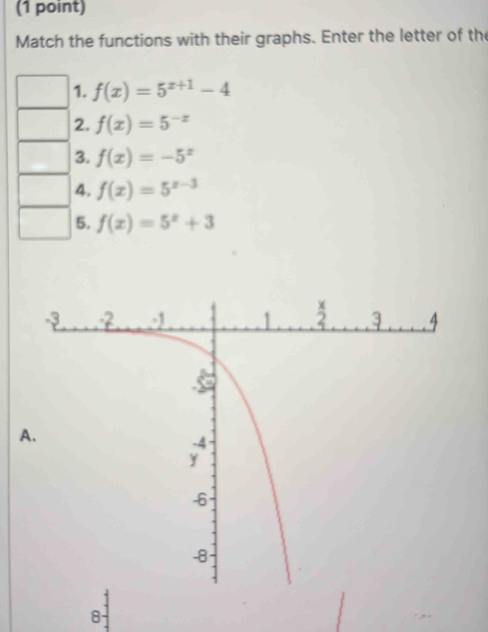 Match the functions with their graphs. Enter the letter of the 
1. f(x)=5^(x+1)-4
2. f(x)=5^(-x)
3. f(x)=-5^x
4. f(x)=5^(x-3)
5. f(x)=5^x+3
A 
8