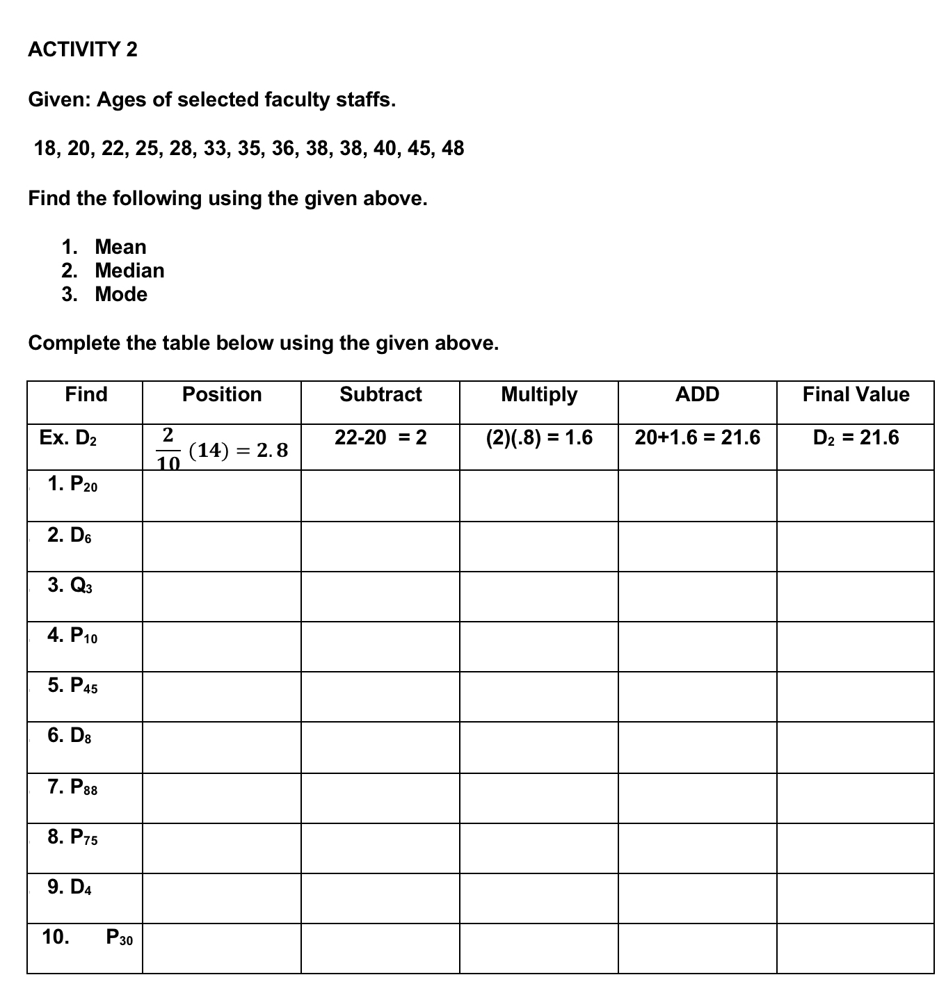 ACTIVITY 2
Given: Ages of selected faculty staffs.
18, 20, 22, 25, 28, 33, 35, 36, 38, 38, 40, 45, 48
Find the following using the given above.
1. Mean
2. Median
3. Mode
Complete the table below using the given above.