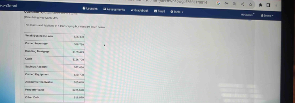 y8N9tWn45wgp E^*5531^*00 
co eSchool 
- Lessons Q Assessments Gradebook = Email O Tools My Courses 
Question 5(Multpie Choicé Word 3 poinis) Emma× 
(Calculating Net Worth MC) 
The assets and liabilities of a landscaping business are listed below.