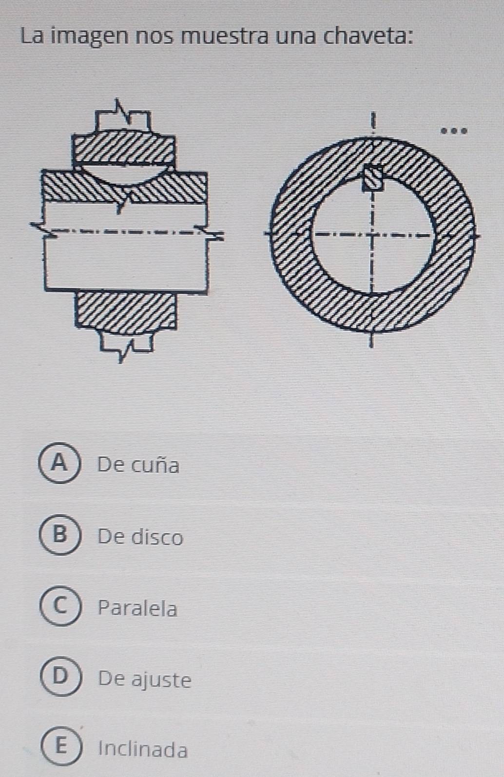 La imagen nos muestra una chaveta:
A) De cuña
B De disco
C ) I Paralela
D De ajuste
EInclinada