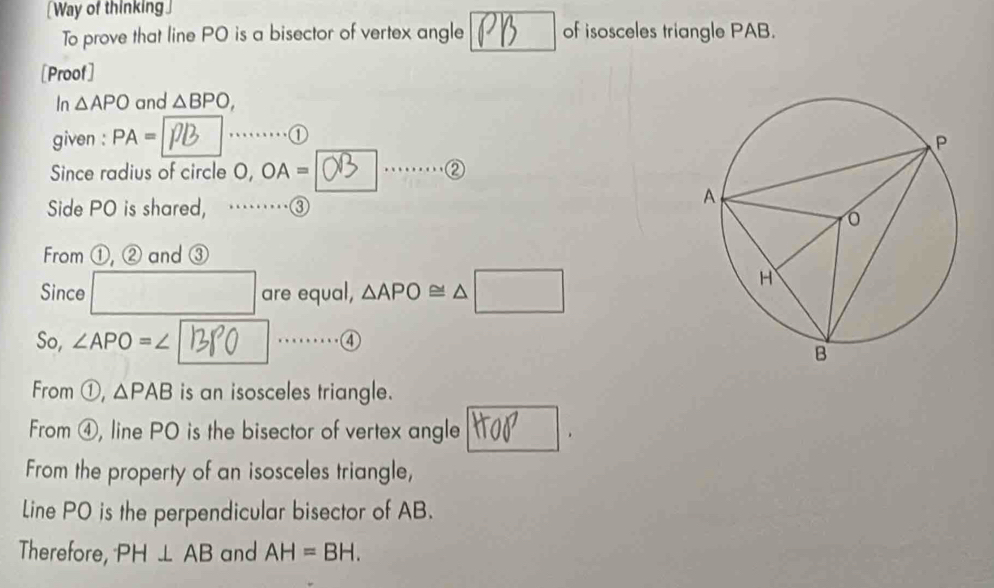 [Way of thinking] 
To prove that line PO is a bisector of vertex angle of isosceles triangle PAB. 
[Proof] 
In △ APO and △ BPO, 
given : PA= ① 
Since radius of circle O, OA= ② 
Side PO is shared, ③ 
From ①, ② and ③ 
Since are equal, △ APO≌ △ □
So, ∠ APO=∠ ④ 
From ①, △ PAB is an isosceles triangle. 
From ④, line PO is the bisector of vertex angle 
. 
From the property of an isosceles triangle, 
Line PO is the perpendicular bisector of AB. 
Therefore, PH⊥ AB and AH=BH.