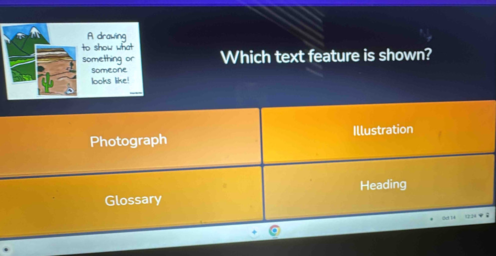 Which text feature is shown? 
Photograph Illustration 
Heading 
Glossary 
Oct 14