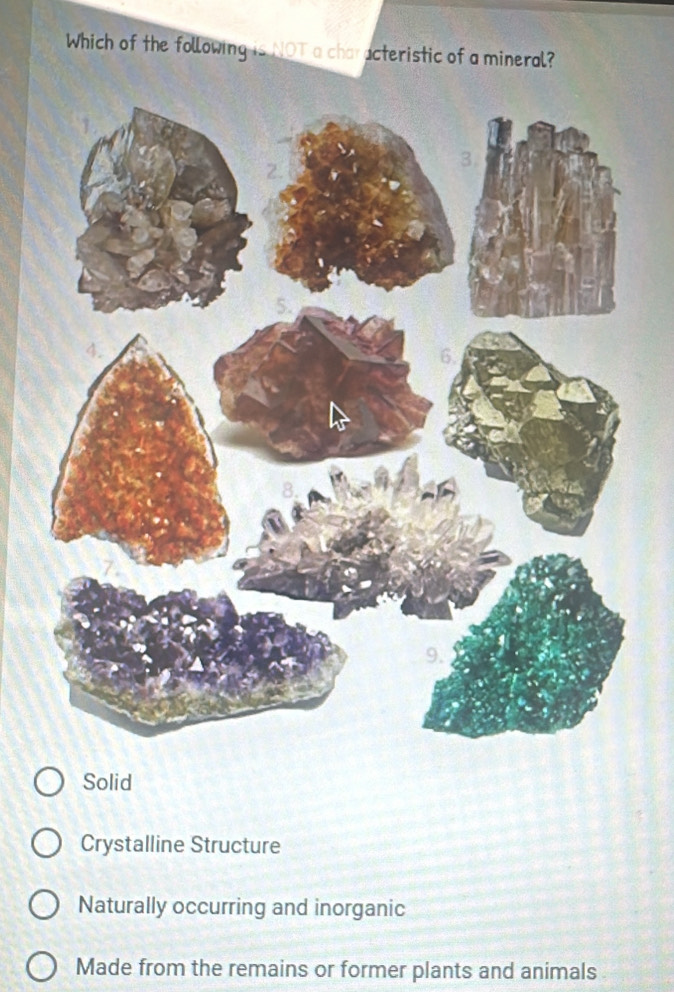 Which of the following is NOT a characteristic of a mineral?
Solid
Crystalline Structure
Naturally occurring and inorganic
Made from the remains or former plants and animals