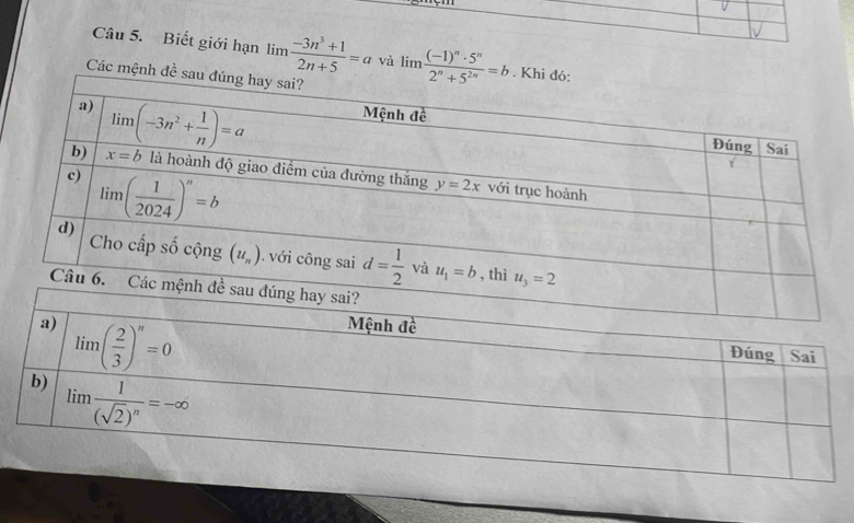 Biết giới hạn lim  (-3n^3+1)/2n+5 =a và limlimits frac (-1)^n· 5^n2^n+5^(2n)=b
Các mệnh