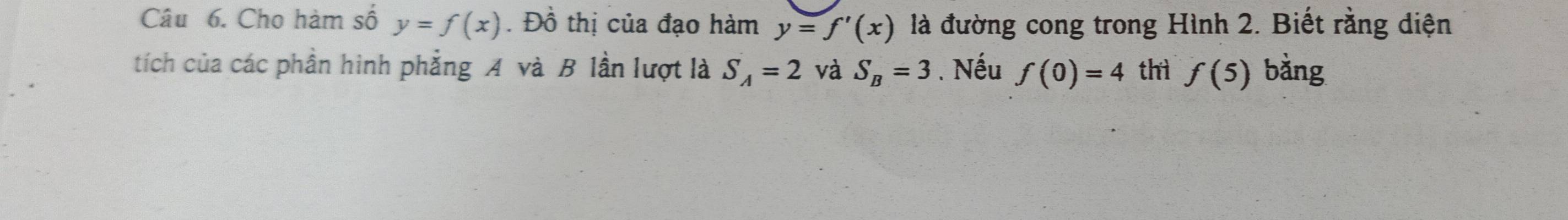 Cho hàm số y=f(x). Đồ thị của đạo hàm y=f'(x) là đường cong trong Hình 2. Biết rằng diện 
tích của các phần hình phẳng A và B lần lượt là S_A=2 và S_B=3. Nếu f(0)=4 thì f(5) bằng