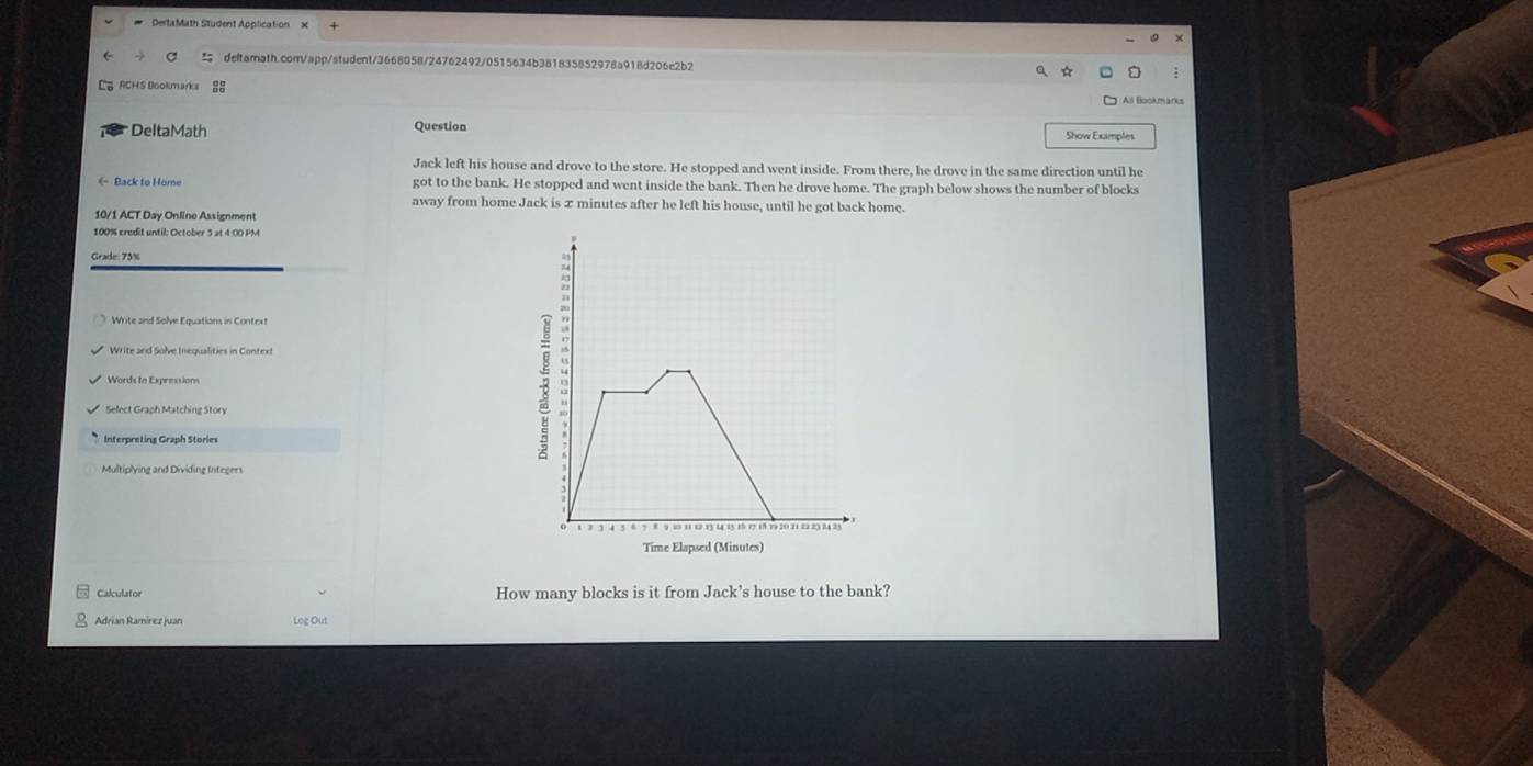 # DertaMath Student Application × 
deltamath.com/app/student/3668058/24762492/0515634b381835852978a918d206e2b2 Q、 ☆ 
S RCHS Bookmarka 
DeltaMath Question 
Show Examples 
Jack left his house and drove to the store. He stopped and went inside. From there, he drove in the same direction until he 
《- Back to Home got to the bank. He stopped and went inside the bank. Then he drove home. The graph below shows the number of blocks 
away from home Jack is x minutes after he left his house, until he got back home. 
10/1 ACT Day Online Assignment
100% credit until: October 5 at 4:00 PM 
Grade: 75%
Write and Solve Equations in Context 
Write and Solve Inequalities in Context 
Words ta Expressions - 
Select Graph Matching Story 
Interpreting Graph Stories 
Multiplying and Dividing Integers 
Time Elapsed (Minutes) 
Calculator How many blocks is it from Jack's house to the bank? 
Adrian Ramírez juan Log Out