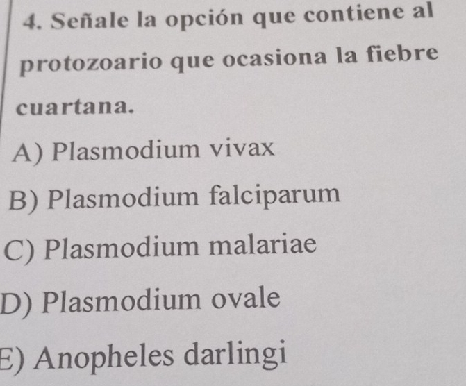 Señale la opción que contiene al
protozoario que ocasiona la fiebre
cuartana.
A) Plasmodium vivax
B) Plasmodium falciparum
C) Plasmodium malariae
D) Plasmodium ovale
E) Anopheles darlingi