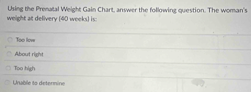 Using the Prenatal Weight Gain Chart, answer the following question. The woman's
weight at delivery (40 weeks) is:
Too low
About right
Too high
Unable to determine