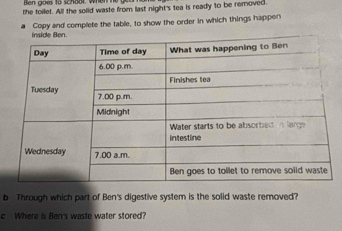 Ben goes to school. when he get. 
the toilet. All the solid waste from last night's tea is ready to be removed. 
a Copy and complete the table, to show the order in which things happen 
b Through which part of Ben's digestive system is the solid waste removed? 
c Where is Ben's waste water stored?